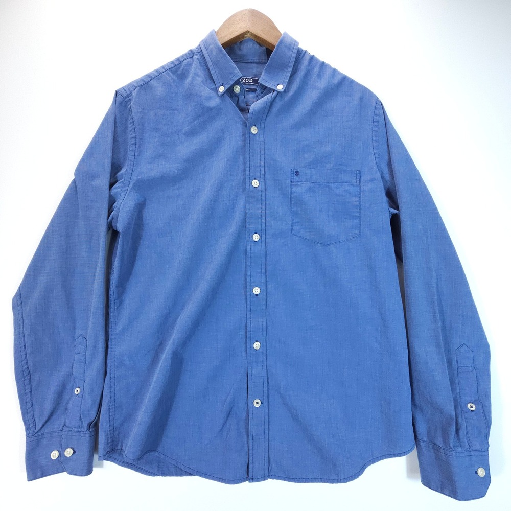IZOD Button Down Shirt Mens Medium Blue Slim Fit Streetwear‎ Cotton Long Sleeve